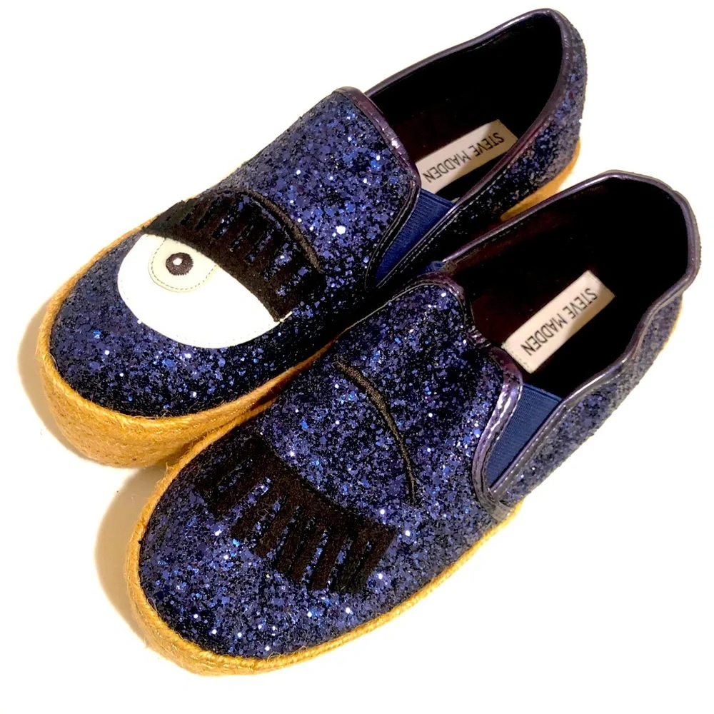 Steve Madden Espadrilles SlipOn Sneakers Winking Eye Blue Purple sparkle glitter